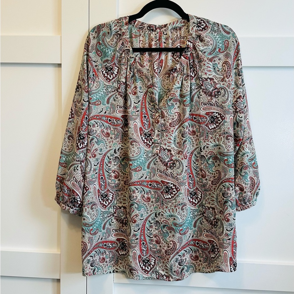 PAISLEY Blouse Boho Tunic Muted Colours L/S Split Neckline Snaps Sz XL